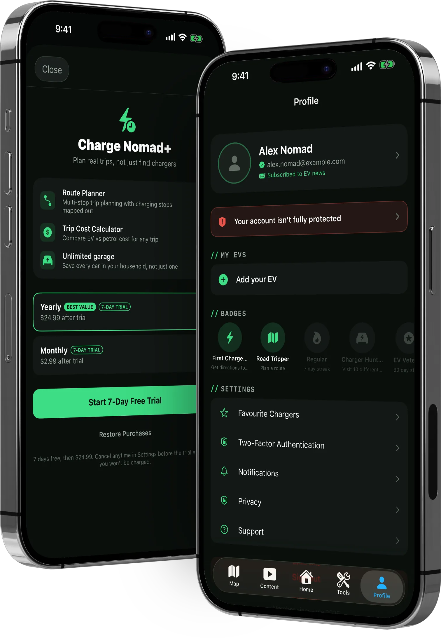 Two iPhones showing the Charge Nomad profile screen with badges and settings, and the Charge Nomad Plus screen